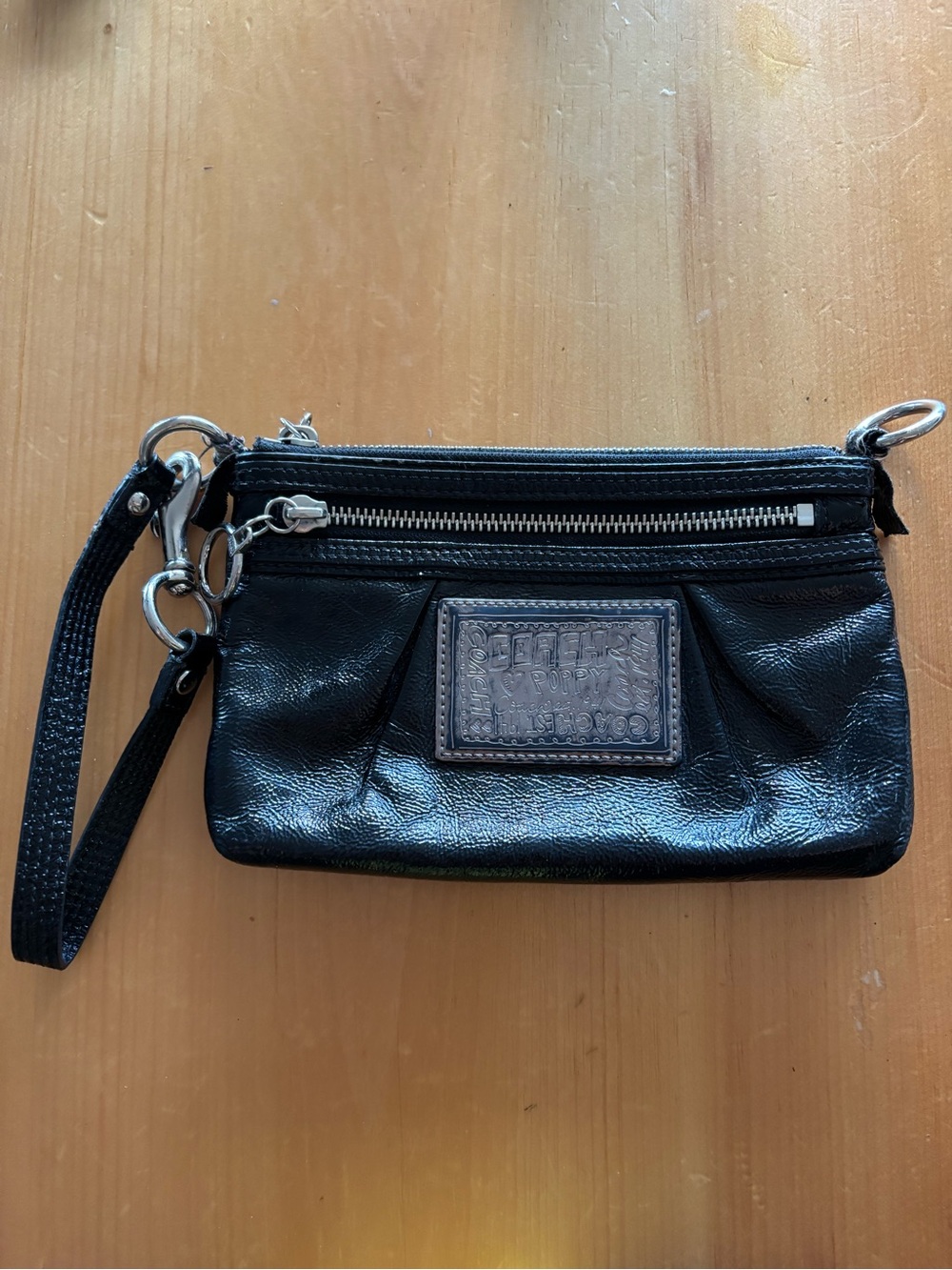 3 for $30- Coach Poppy Y2K Black Leather Wristlet Clutch - Monogram Patch Detail